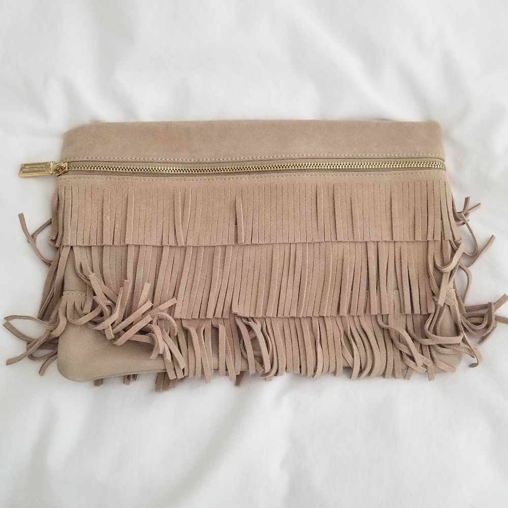 BCBG Max Azria suede fringe clutch